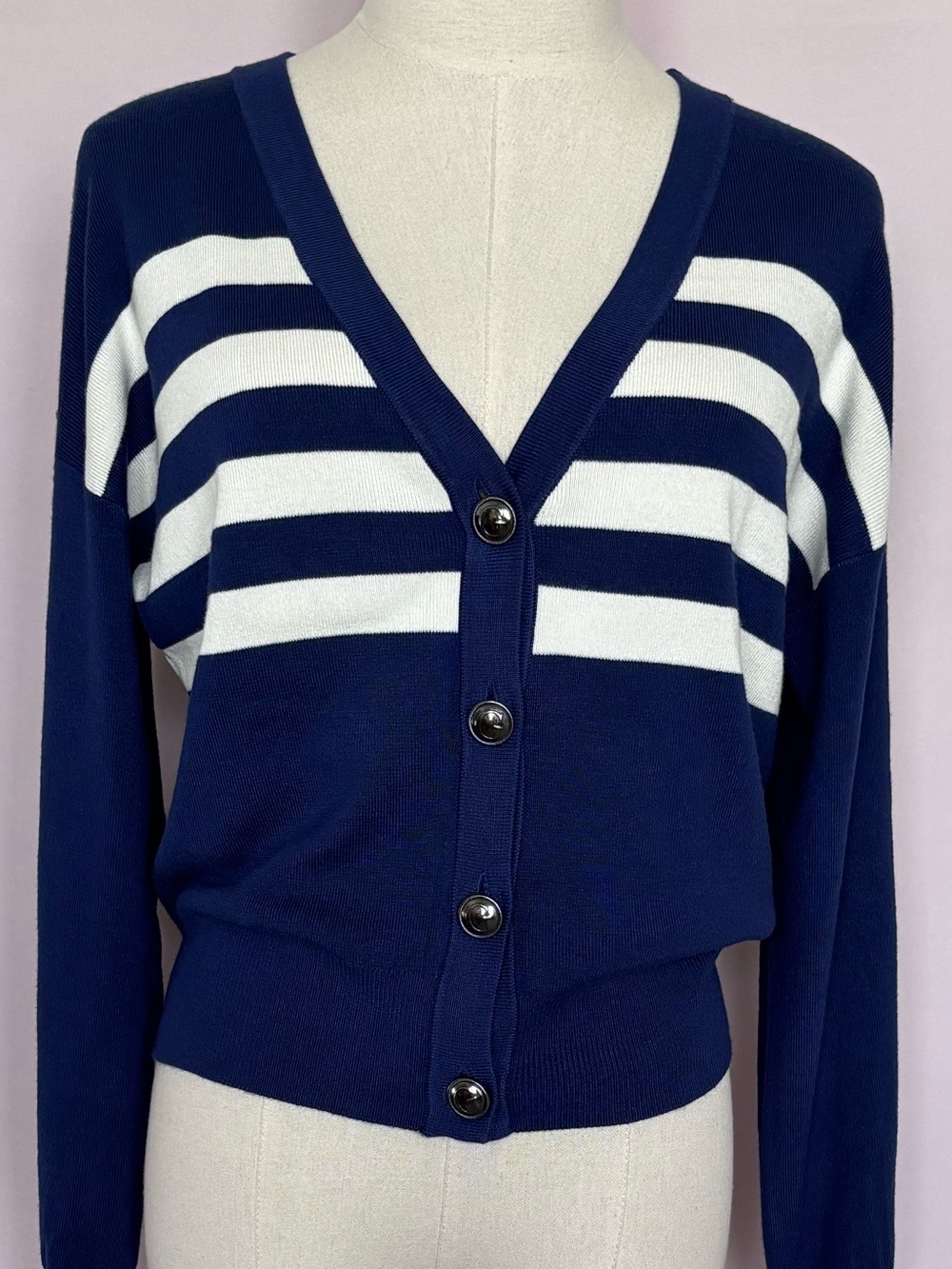 GUESS Rachel Long Sleeve Navy Striped Cropped Knit Cardigan Sweater--NWT--S